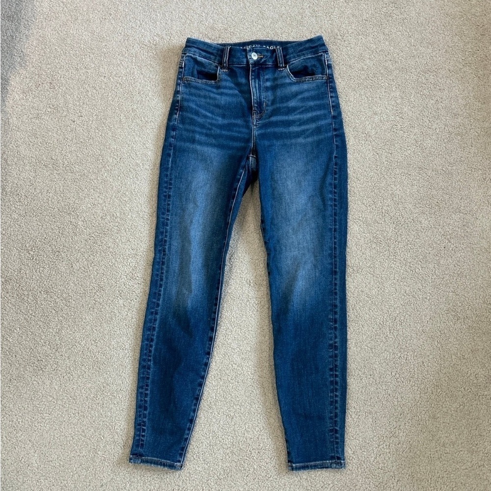 American eagle next level stretch curvy high rise jeggings in solid blue jeans